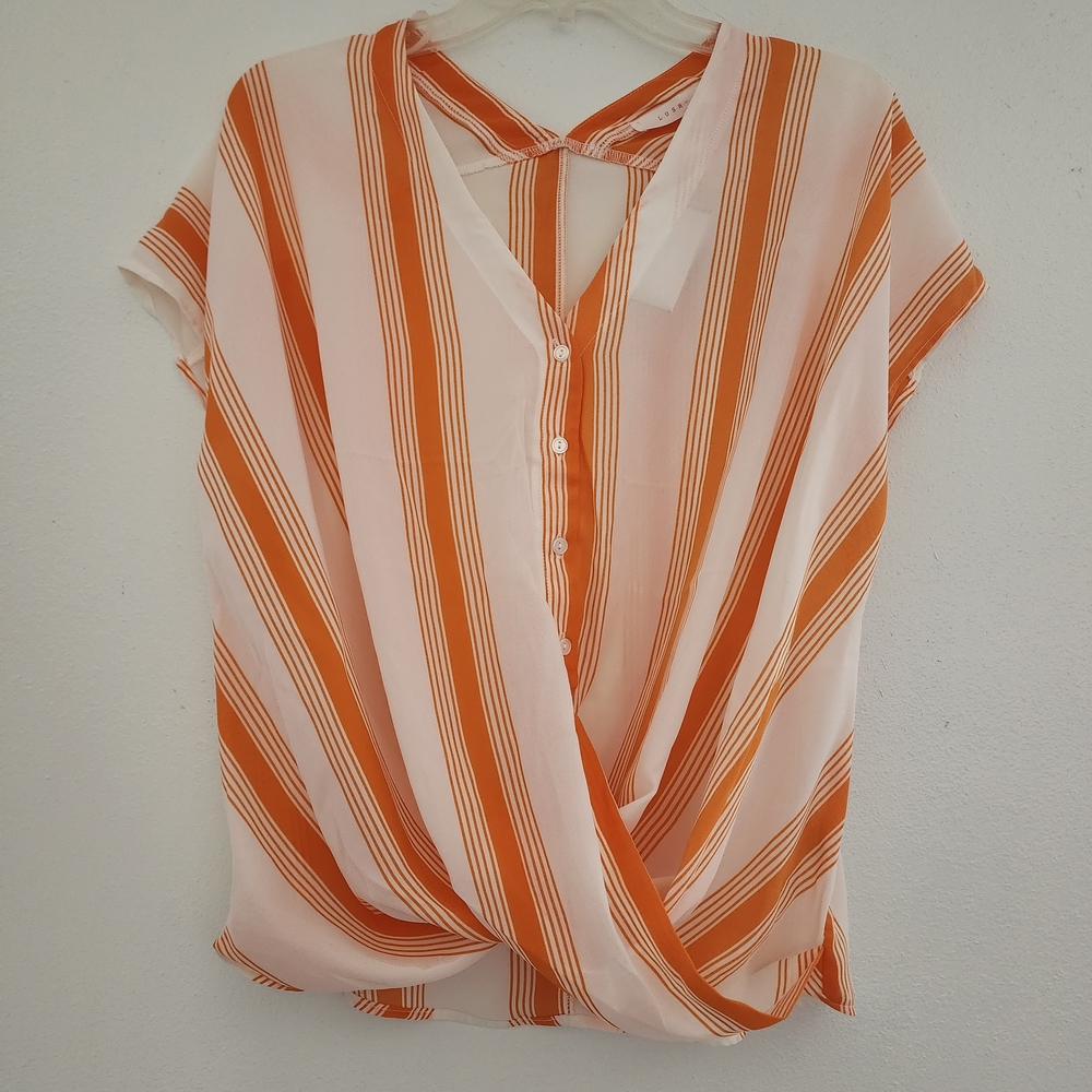Lush Orange & White Striped V-Neck Faux Wrap Blouse